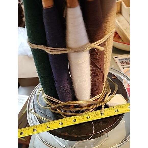 Handmade Folk Art Lamp Rustic Wood Base Textile Spools Painted Cottage Shade - Picture 11 of 13